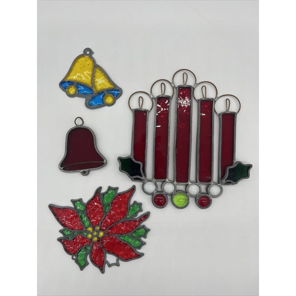 Lot Of 4 Vintage Metal Stained‎ Glass Style Christmas Ornaments Sun Catchers